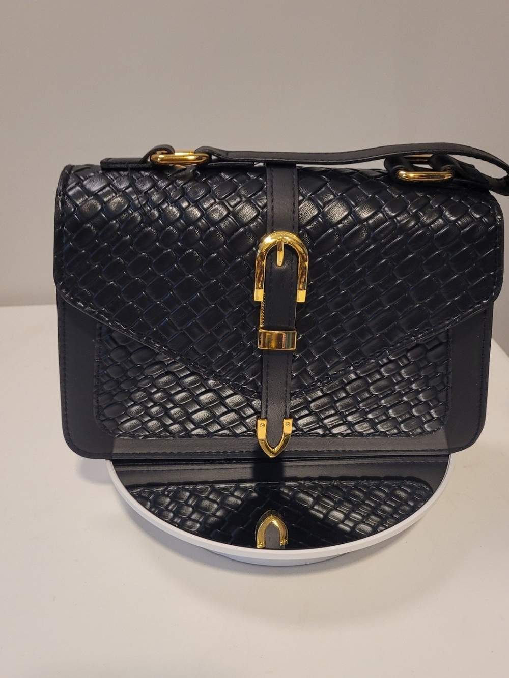 Black Woven Leather Crossbody Bag with Gold Buckle Detail